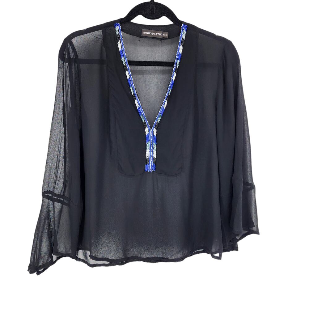 Antik Batik Black Chiffon Beaded V-Neck Long Sleeve Bohemian Blouse Size Medium